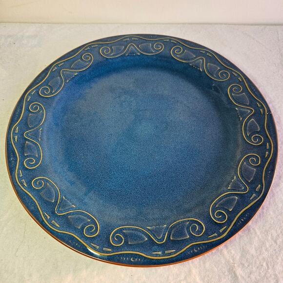 Pier 1 Large Tunisia Chop Plate Stoneware Blue Glaze & Scroll Rim Embossed 13" - Picture 5 of 7